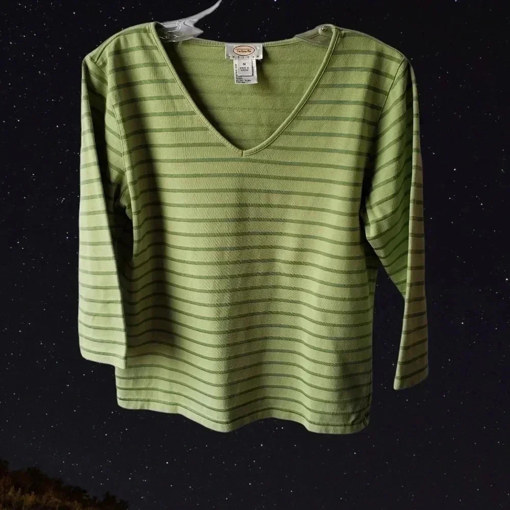 Talbots Women Lime Green Stripes Shirt 3/4 Sleeves Size Medium